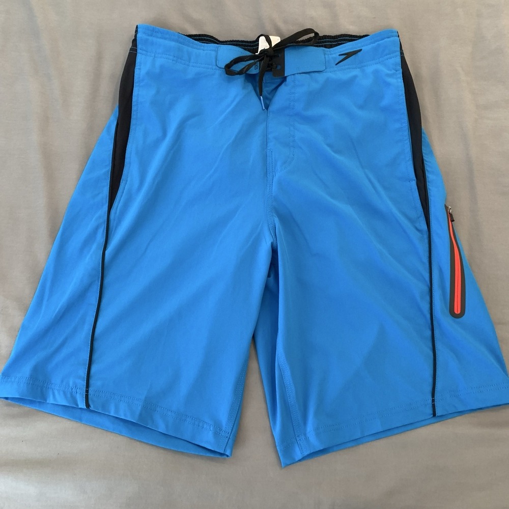 Speedo Shorts Mens Medium Blue Colorblock Swim Trunks Lined Zip Pocket